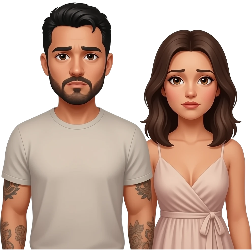 Latino couple man has a beard, medium hair and tattoos and his wife is beautiful with hazel eyes and shoulder length brown hair and their relationship is broken emoji