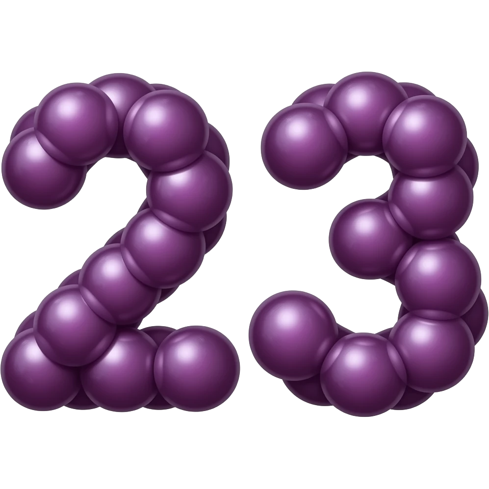 👉  TWOnumbers and 23 made of grapes texture, purple grape color, 3D glossy, smooth rounded shapes, cute cartoon style, isolated on white background, high detail" emoji