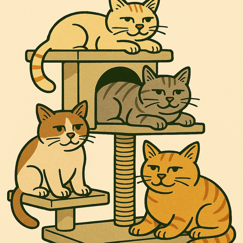 cats relaxing in a vertical playhouse emoji