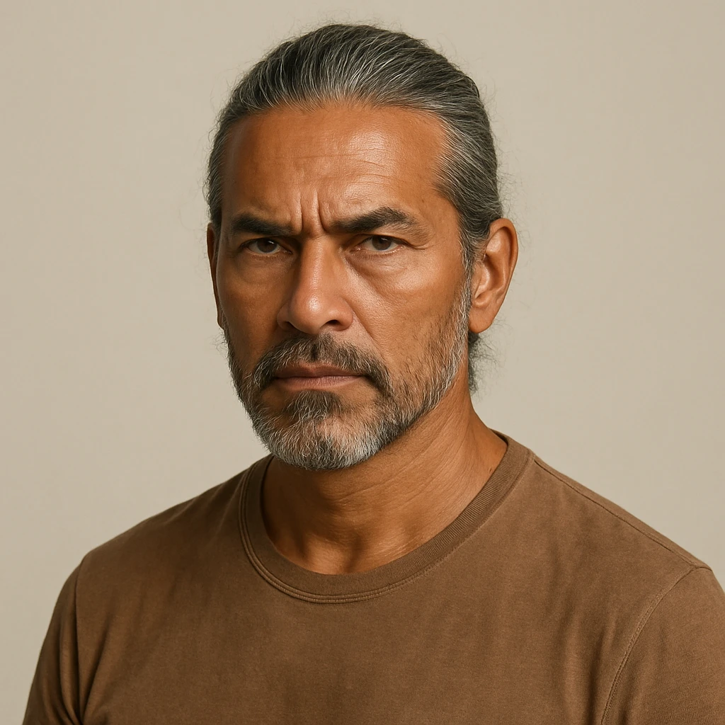 brown tanned man over 40 with long grey hair in a bun, serious expression, bust portrait, plain background emoji