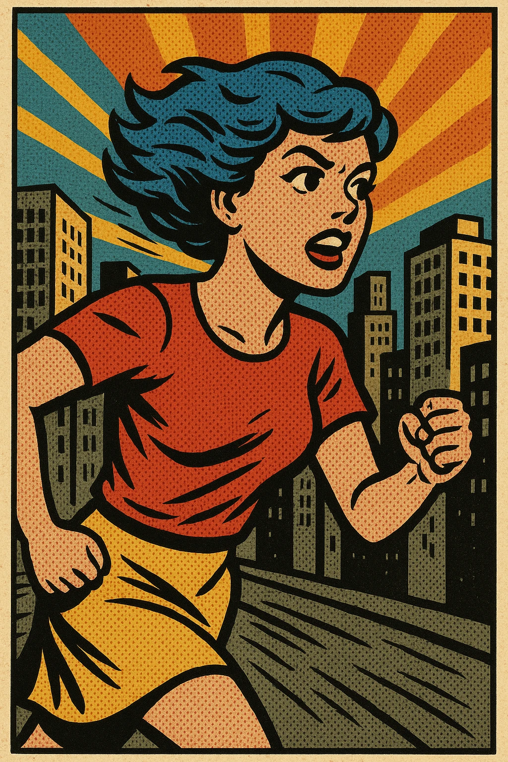 Woman with blue hair running in a city emoji