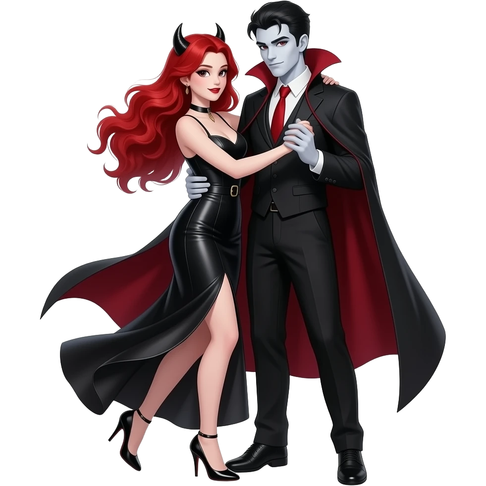 Vampiro femmina ADOLESCENTE con pelle bianca e capelli rosso ondulati lunghi che indossa un vestito stretto in vita e lungo sotto con i tacchi neri che balla con le mani intorno al suo ragazzo VAMPIRO con la pelle bianca emoji