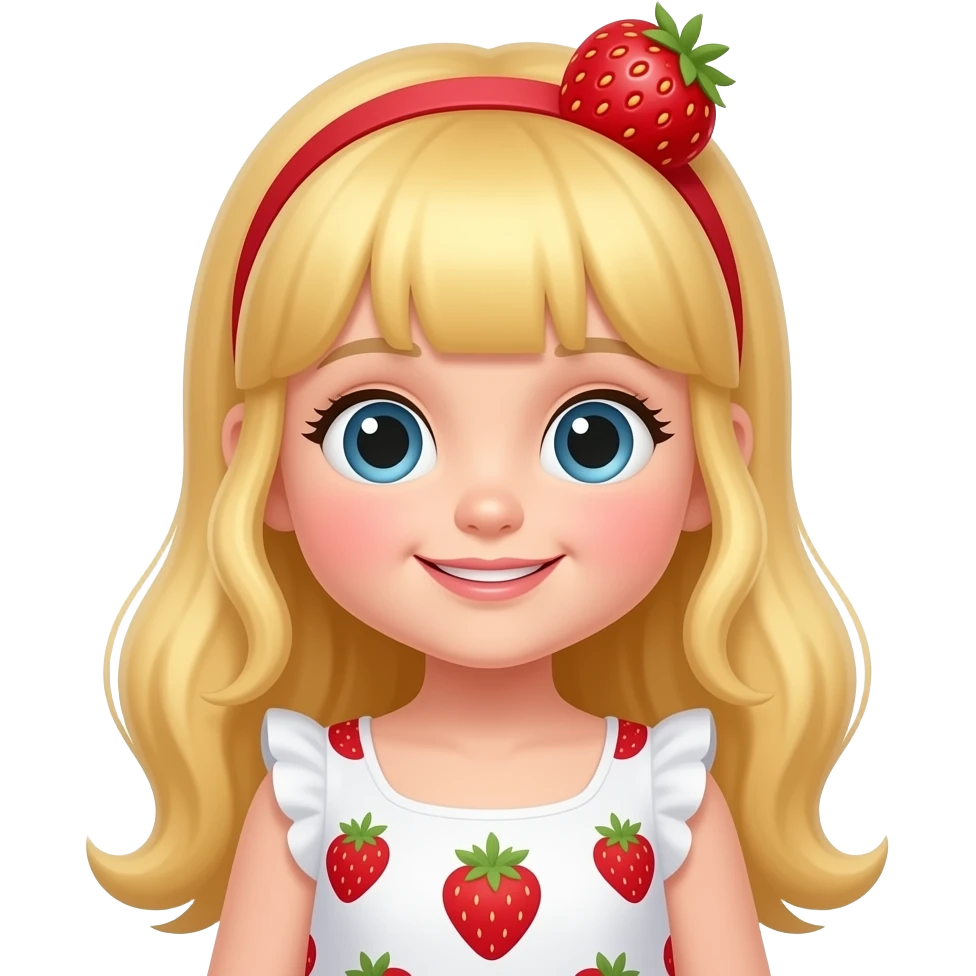 Little girl with long blond straberry hair and strawberry dress and strawberry emoji