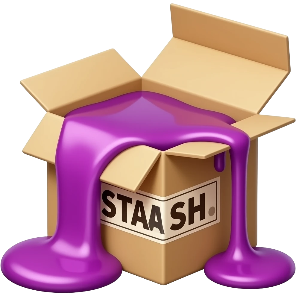 a box with purple syrup flowing out of it and a large inscription on the box saying "STASH" emoji