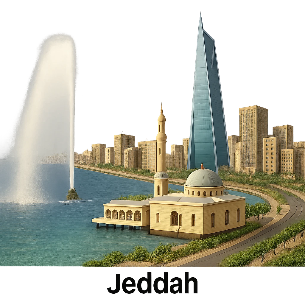cinematic realistic emoji of Jeddah, wide city view with iconic landmarks King Fahd Fountain, Jeddah Tower, Corniche Mosque, lifelike detail, accurate colors, bright daytime lighting, fully transparent background, no sky, no clouds emoji