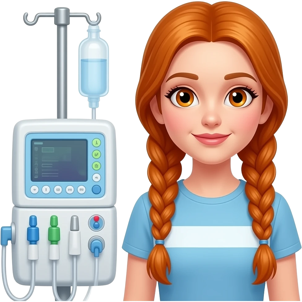 sexy girl with long ginger braids and ginger eyes stands next to a dialysis machine emoji
