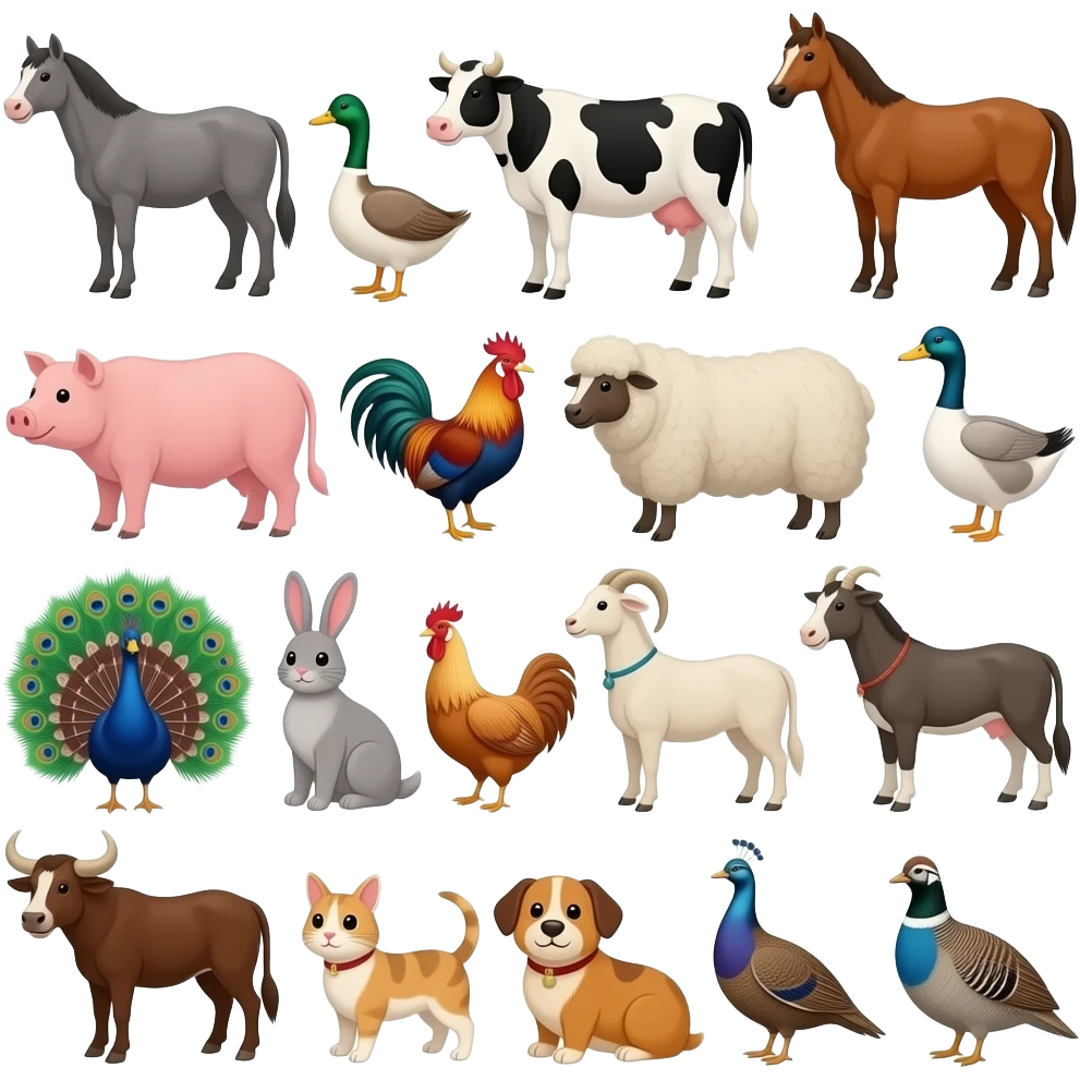 Donkey, duck, cow, horse, pig, rooster, sheep, goose, Turkey, peacock, rabbit, chicken, goat, dog, cat, bull, Guinea pig, quail, and guineafowl emoji