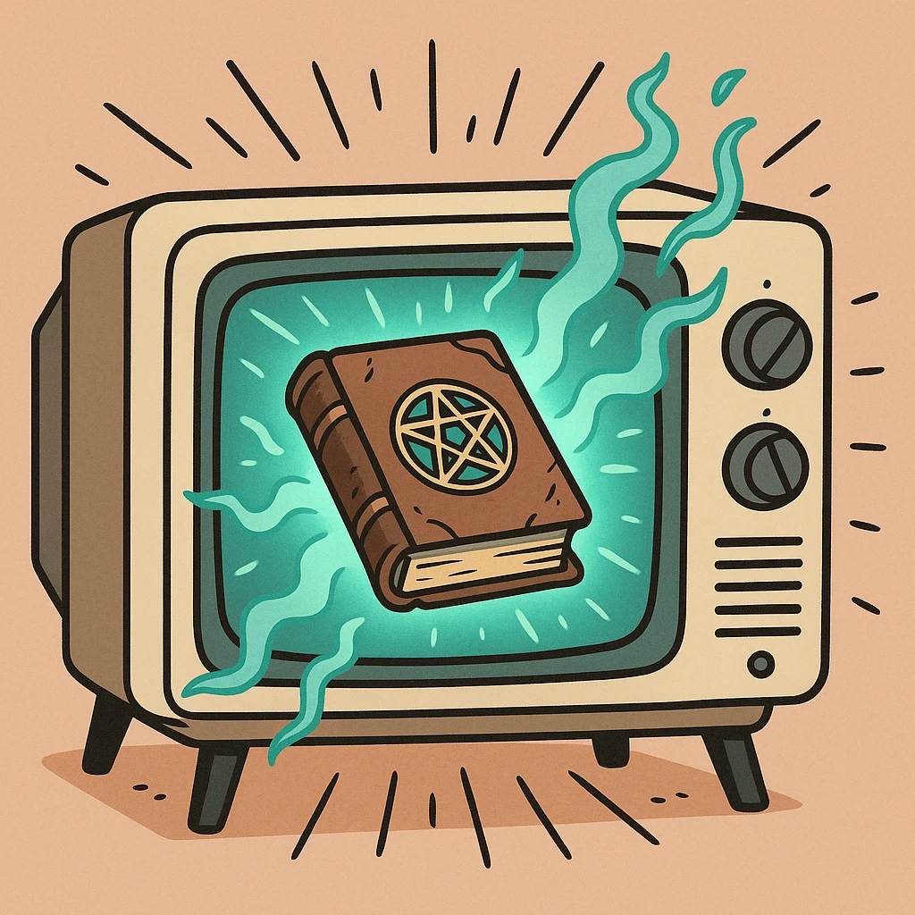 oldschool TV showing a glowing ancient spell book, magical energy bursting from the screen, cartoon style emoji