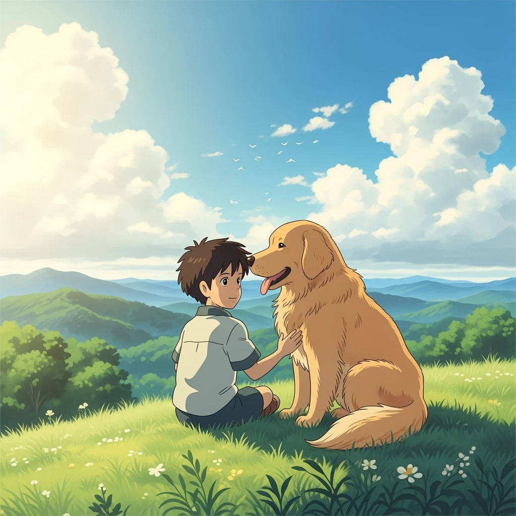 kid and his pet dog in studio ghibili style emoji