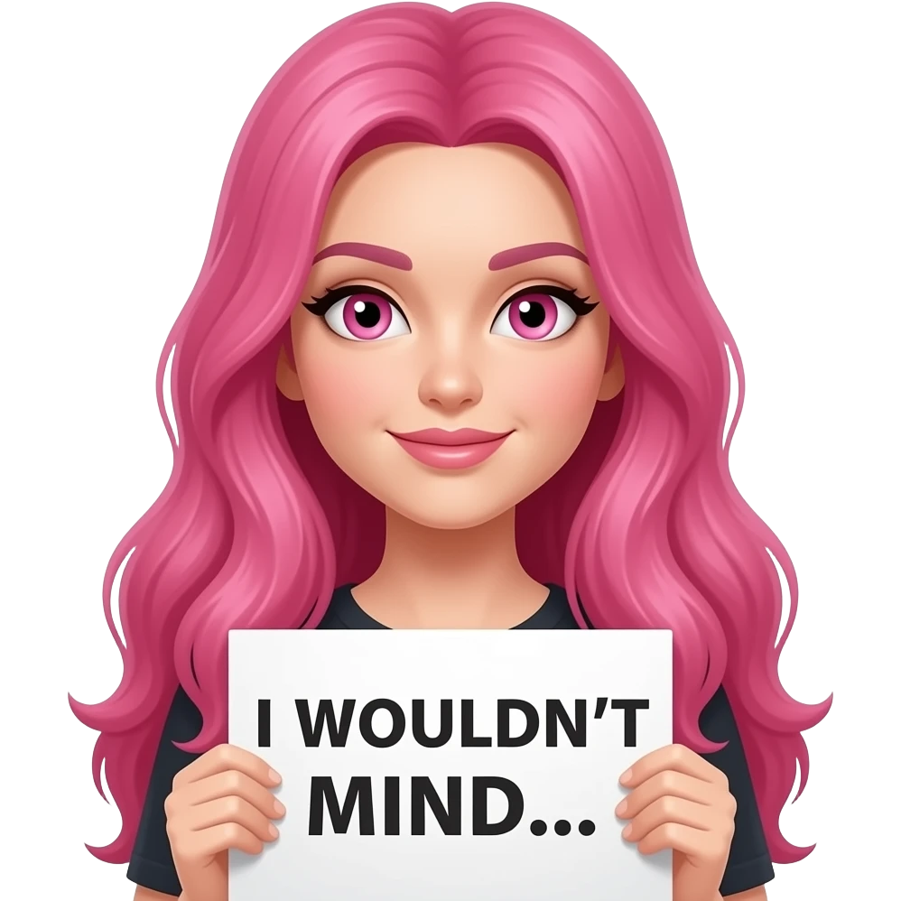 sexy girl with long pink hair and pink eyes wearing a holding a I WOULDN'T MIND... sign emoji