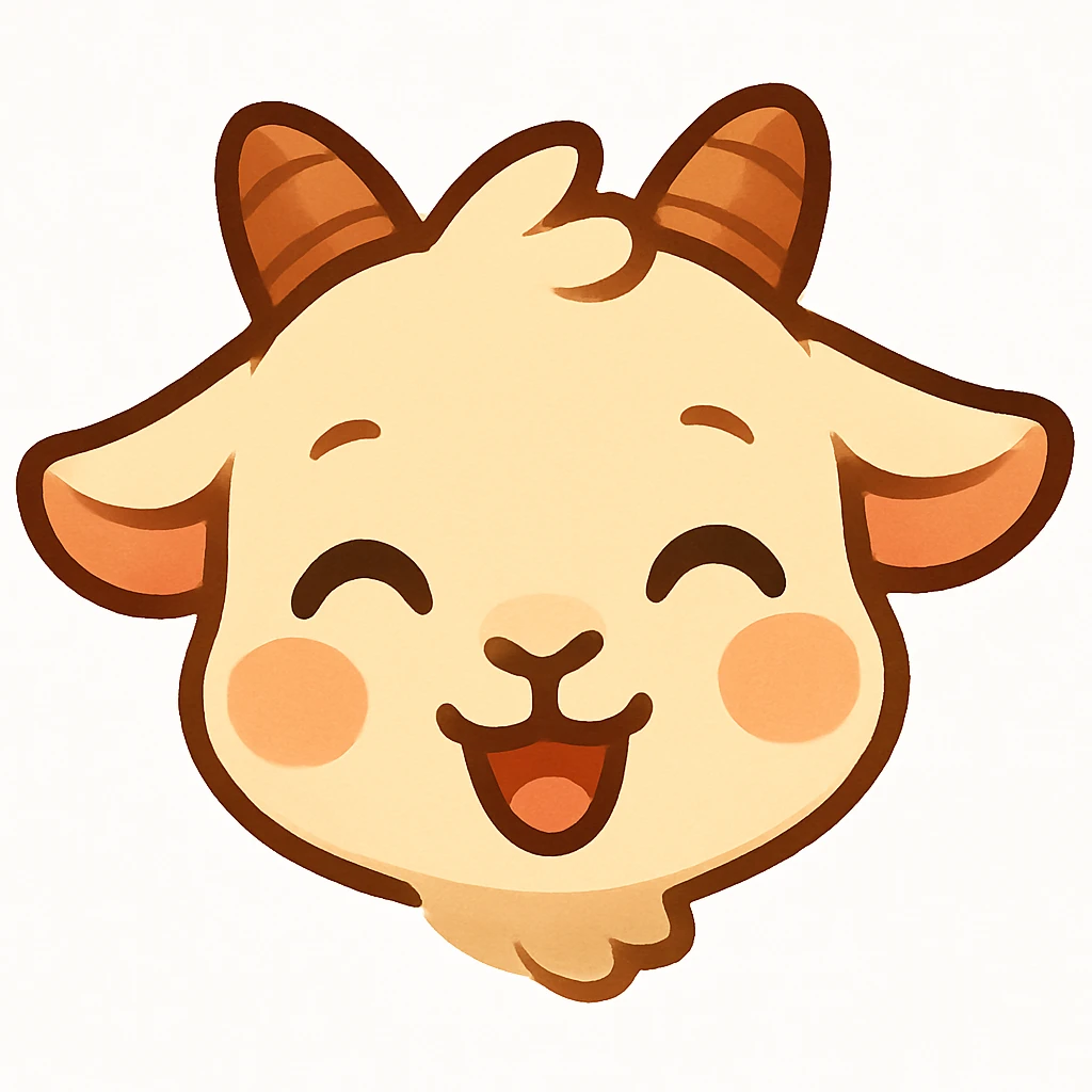 Keep the chibi goat head shape and crop from the previous iteration with the pink flower, but use the joyful expression, no flower, looking up at the viewer, slight blush, white background, designed for a small emote. emoji