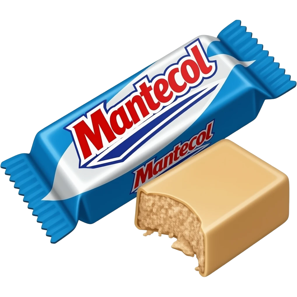 Argentine candy ‘Mantecol’. Centered, clean vector design, soft shading. Show a rectangular beige peanut nougat bar with a slightly crumbly texture, with a small cut piece revealing the airy interior. Include a simple wrapper in blue and white with the word ‘Mantecol’ in bold red letters emoji