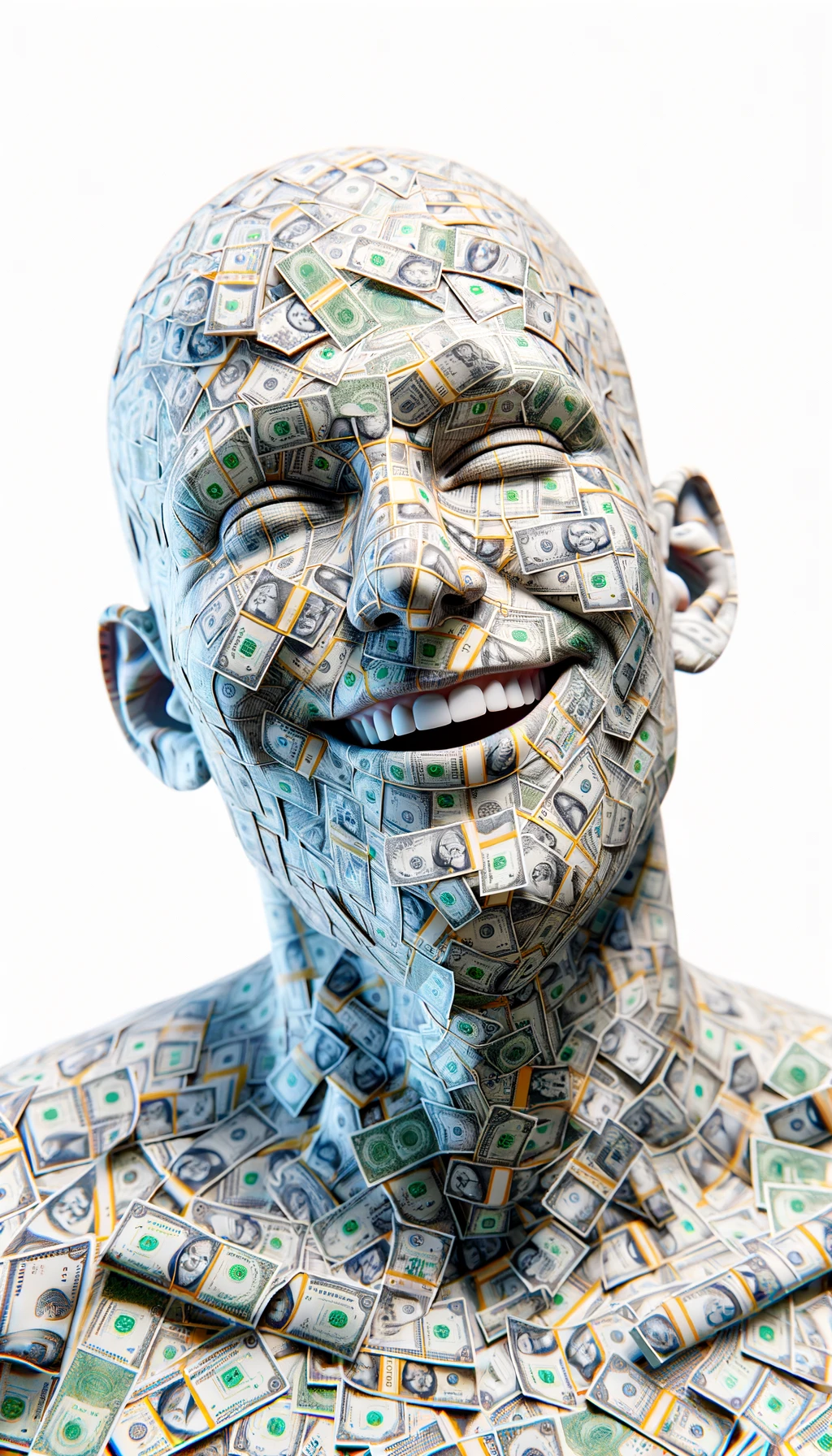 corpo umano anatomico sereno e felice con banconote sparse appiccicate sul corpo, espressione stupita, iperrealistica 4k, isolato su sfondo bianco emoji