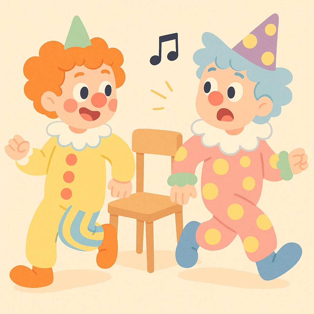 two clowns playing musical chairs, soft colors, cute and whimsical pastel toon style emoji