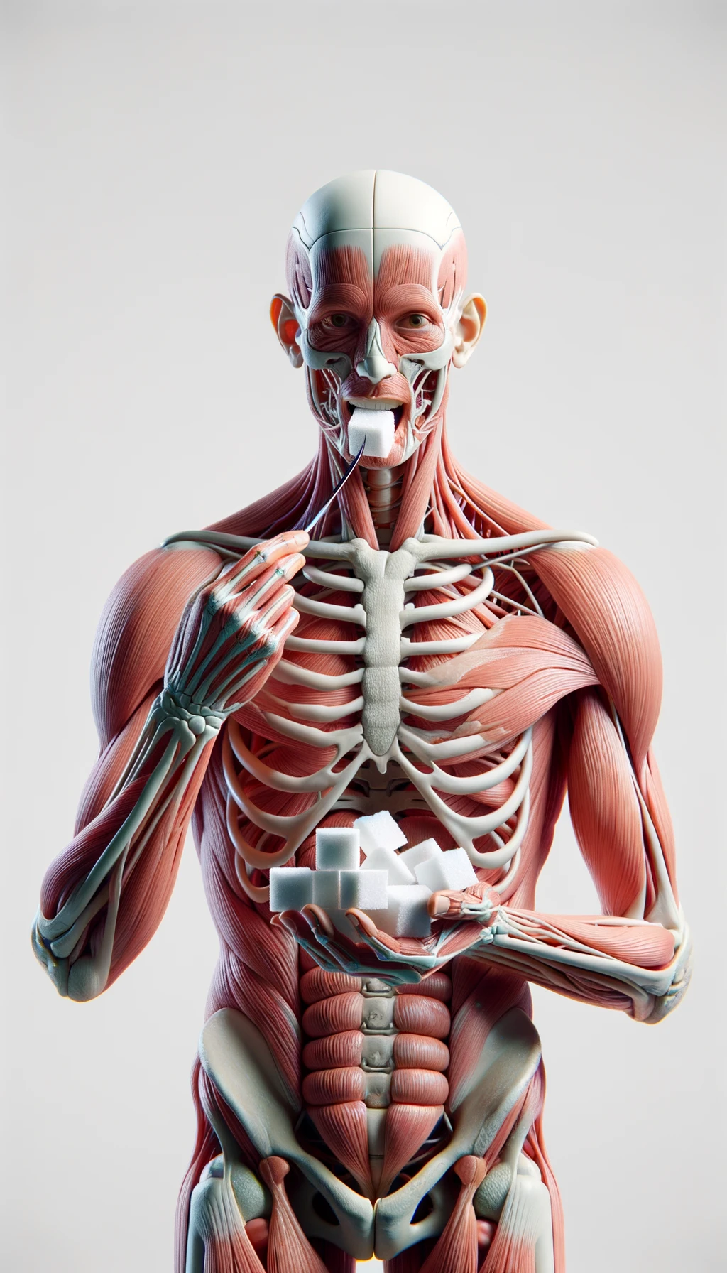 corpo umano anatomico in piedi a figura intera che mangia zollette di zucchero, posa frontale, iperrealistico 4k, isolato su sfondo bianco emoji