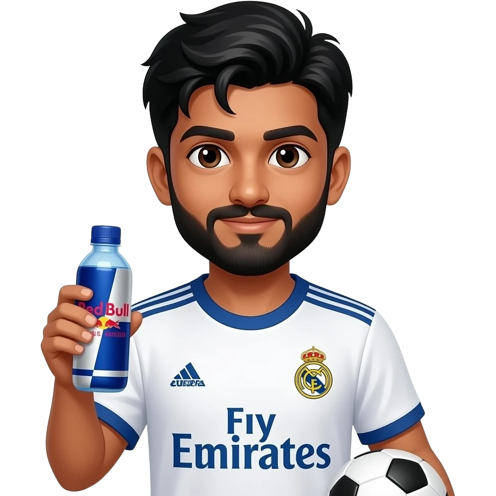 Boy with a European Nike football, in Real Madrid jersey Indian  boy with a light beard, drinking redbull watermelon flavor, hair and beard color is black emoji