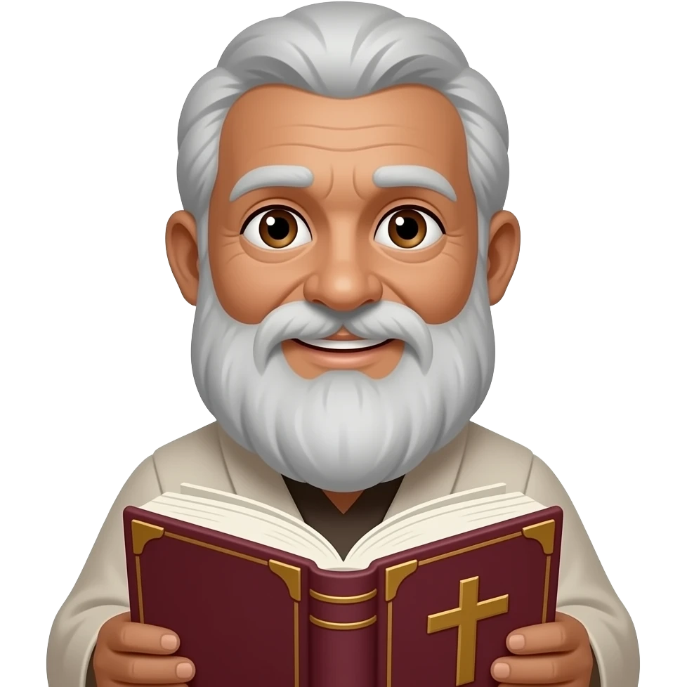 wise old man with grey hair robe friendly slight smile brown eyes white beard darker skin with burgundy book that has a cross on it emoji