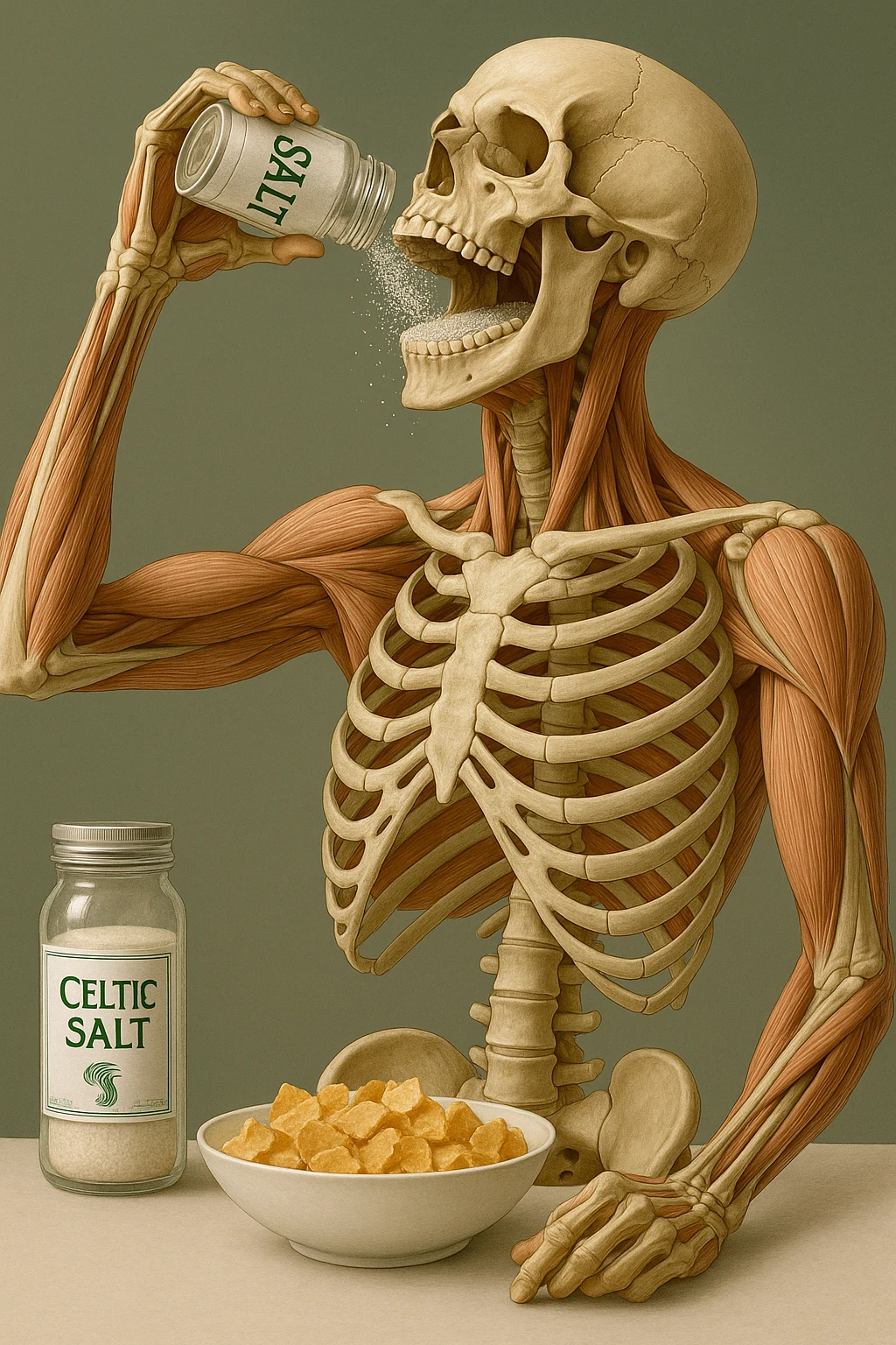 Create a vertical hyperrealistic 4K medical illustration in the style of the reference image. Depict an anatomically accurate human body holding a jar labeled 'CELTIC SALT', throwing salt into his mouth during breakfast. The background should be neutral and clear, with extreme detail and vertical format. Maintain the ultra-detailed medical illustration style as in the reference. emoji