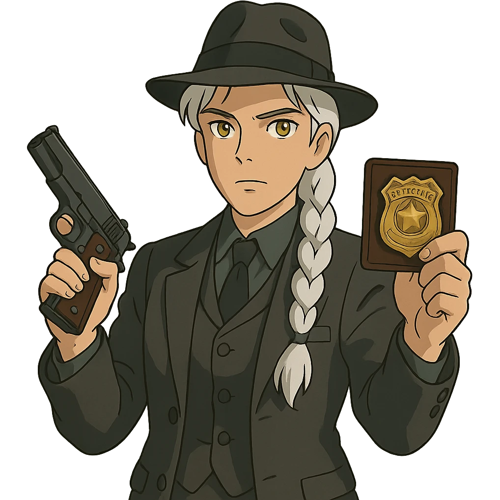 1 female, 1920's mens suit, long white hair braid, gold yellow eyes, muted dark colors, brandishing a colt 1911 and a detective badge emoji