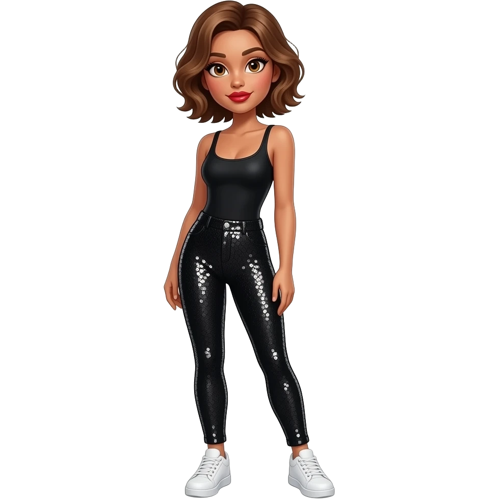 glamours,-tanned,-very-beautiful-girl,-with-big-plump-red-lips,-long-long-lashes,-honey-silky-very short- hair,-wavy-hair,-hazel-eyes- wearing-black-bodysuit-and-black-sequinned-pants- white-sneakers-shrugging-full-body emoji