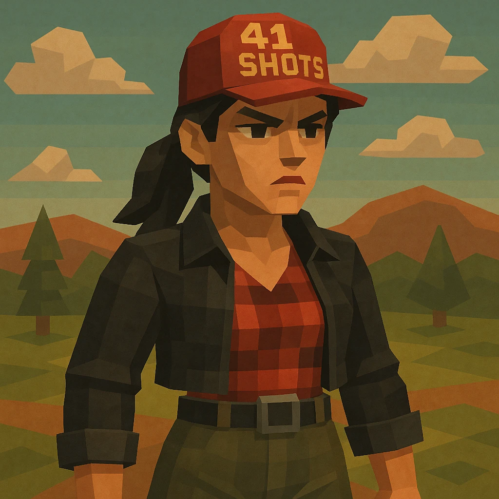 low-poly female figure with serious face inspired by 'Motor Town: Behind the Wheel', red cap with '41 SHOTS' logo and target sight, black hair in ponytail, black cropped jacket, red-black checkered shirt, high-waisted pants with belt, background of stylized hills and clouds, earthy colors focusing on red and green, expression determined, rebellious emoji