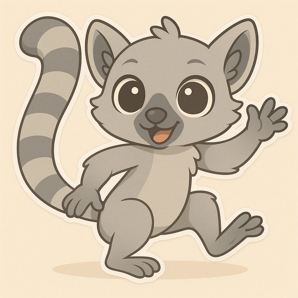 Change the cartoon lemur to have grey fur, keep the playful pose and big eyes, same chibi stickers style. emoji