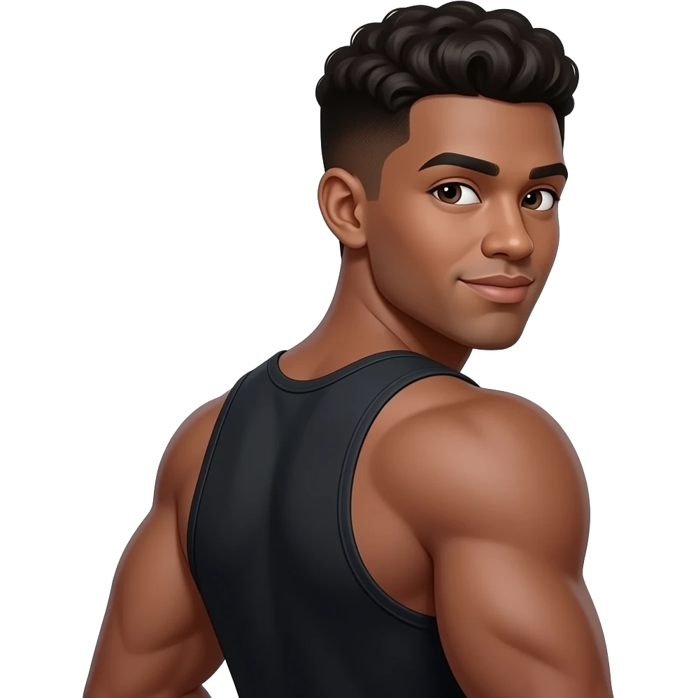 make a cute 20 year old man who’s skin is black wearing a black tank top with really good muscles and he is looking back at me winking snd his jawline is so sharp i can see it emoji