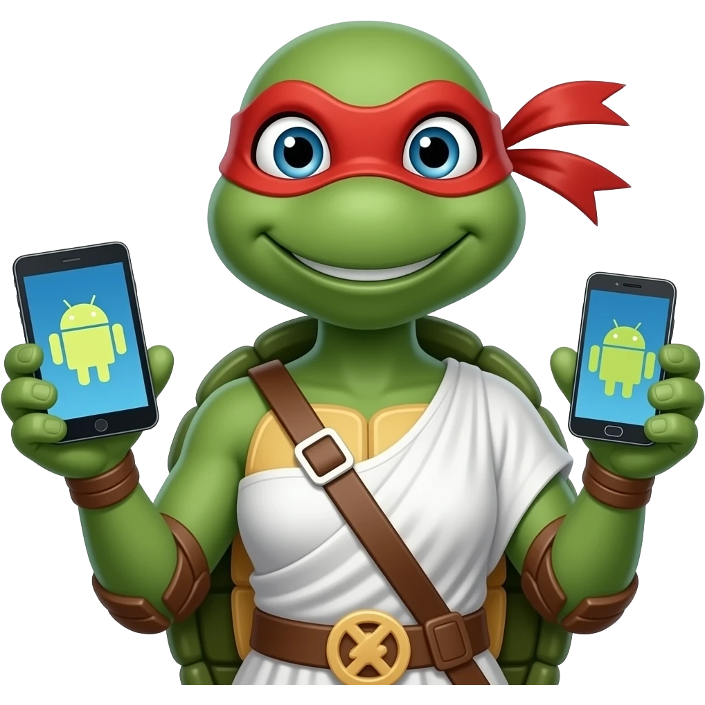 Venus de milo woman ninja turtle (teenage-mutant-ninja-turtles) holding a Android tablet device on one hand and an Android mobile device on the other hand emoji