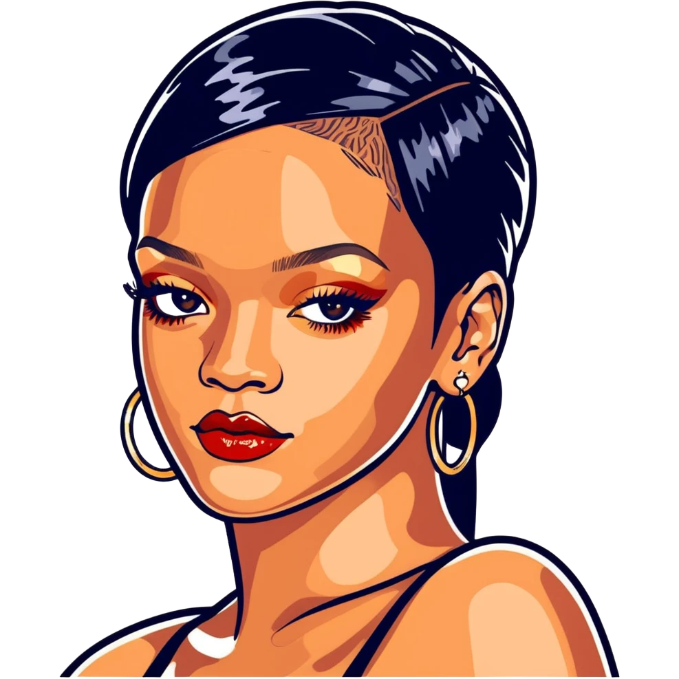 8k, 5000x5000px resolution, clean, smooth, thin lines, ultra detailed, hyperrealism, celebrity, best selling singer, and director of fenty, 2025, Rihanna. Glossy appearance, vivid colors, recent.  emoji
