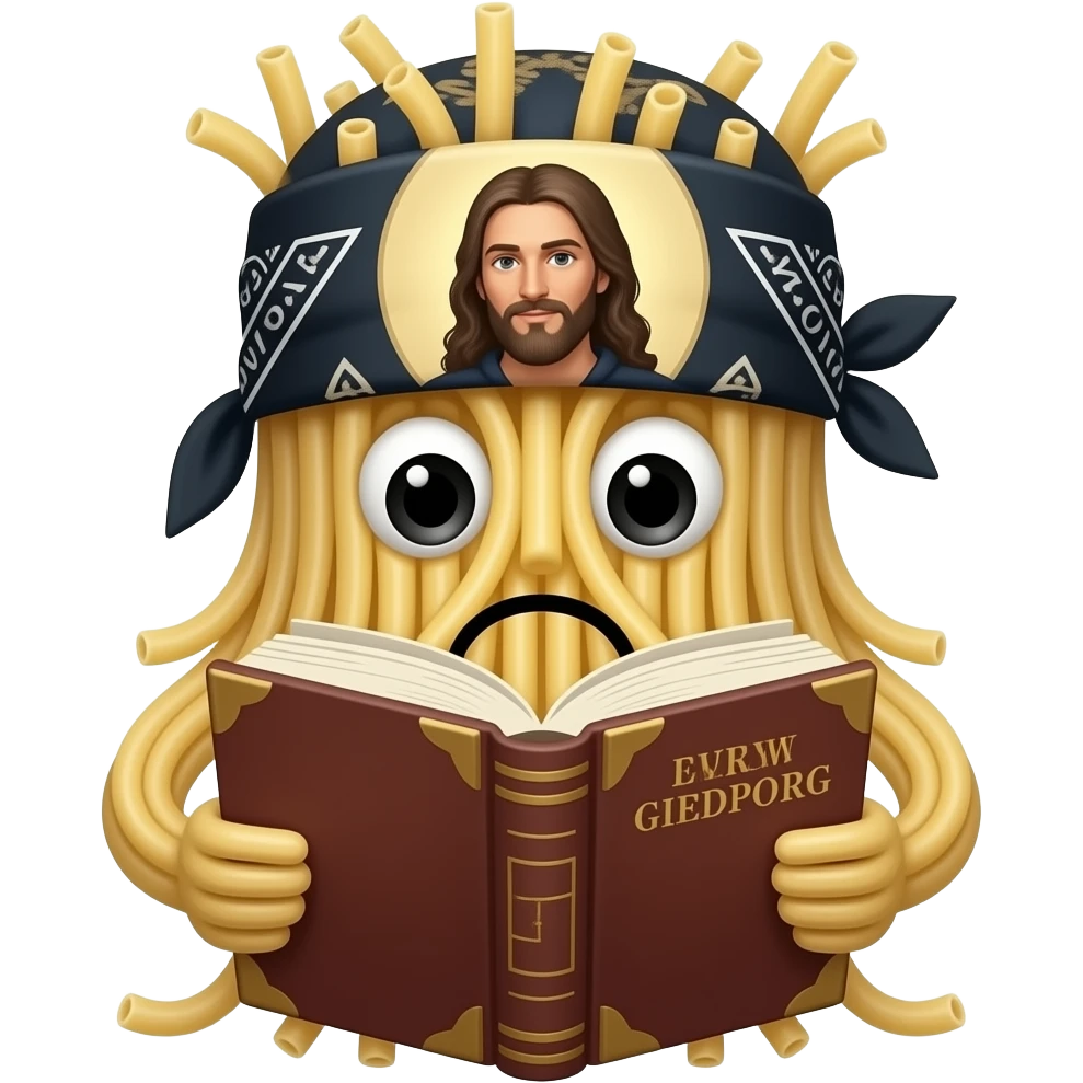 Spaghetti noodles holding Bible and Wearing bandanna with a face emoji