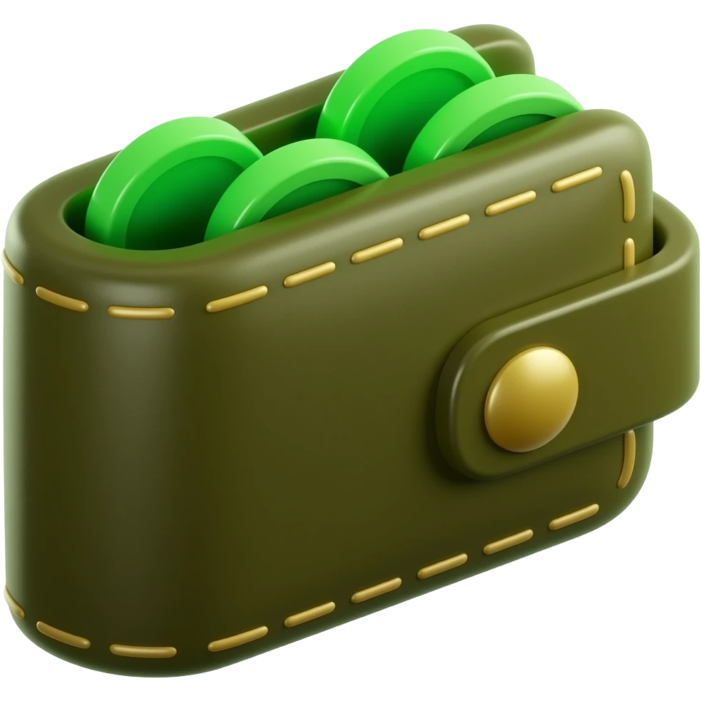 3D isometric leather wallet icon, glowing digital coins.
Minimalist professional style, emerald green & gold accents. emoji