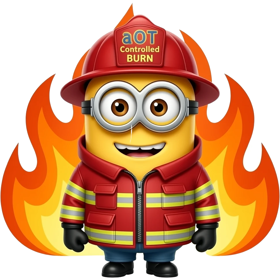 minion dressed as a  firefighter text aOT Controlled Burn on helmet flames in background emoji