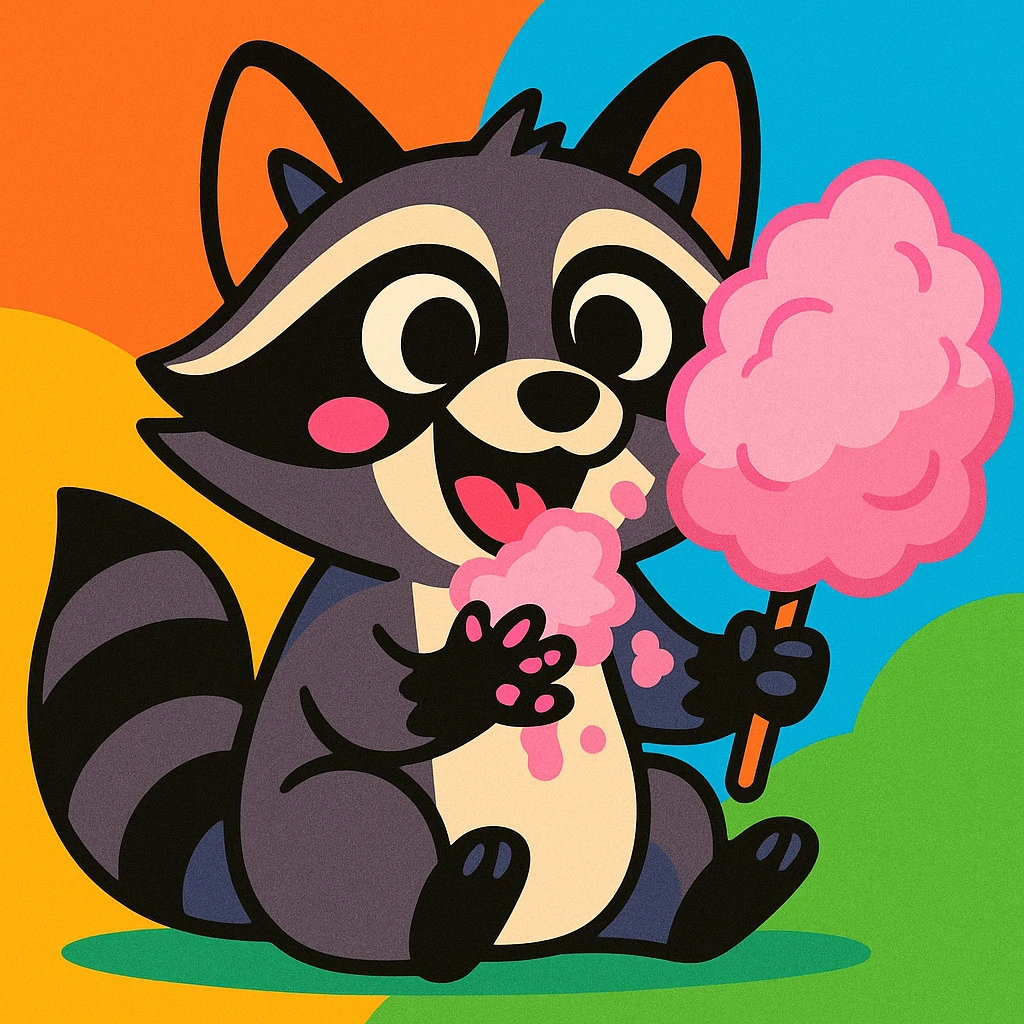 raccoon with sticky paws eating cotton candy, whimsical illustration, vibrant colors, cartoon style emoji