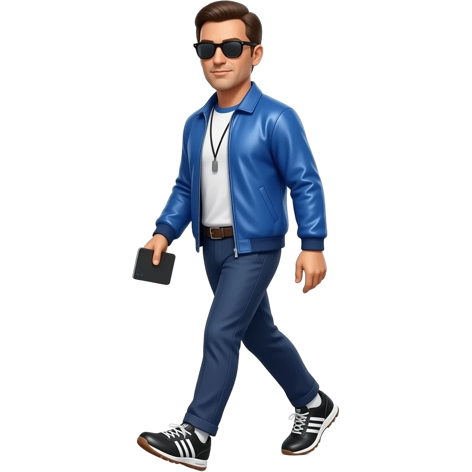 make me a coach in a white and blue raglan t shirt with coaches jacket old school blue shiny style with chinos and adidas handball espezials on  (black, white, gum sole) with a microsoft surface and black wayfarers on he should be walking like coaching on the sideline emoji