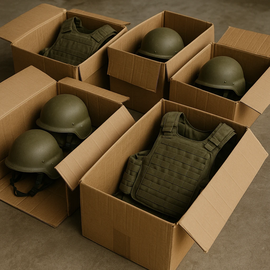military equipment in boxes, realistic style, boxes partially open, visible helmets and bulletproof vests emoji