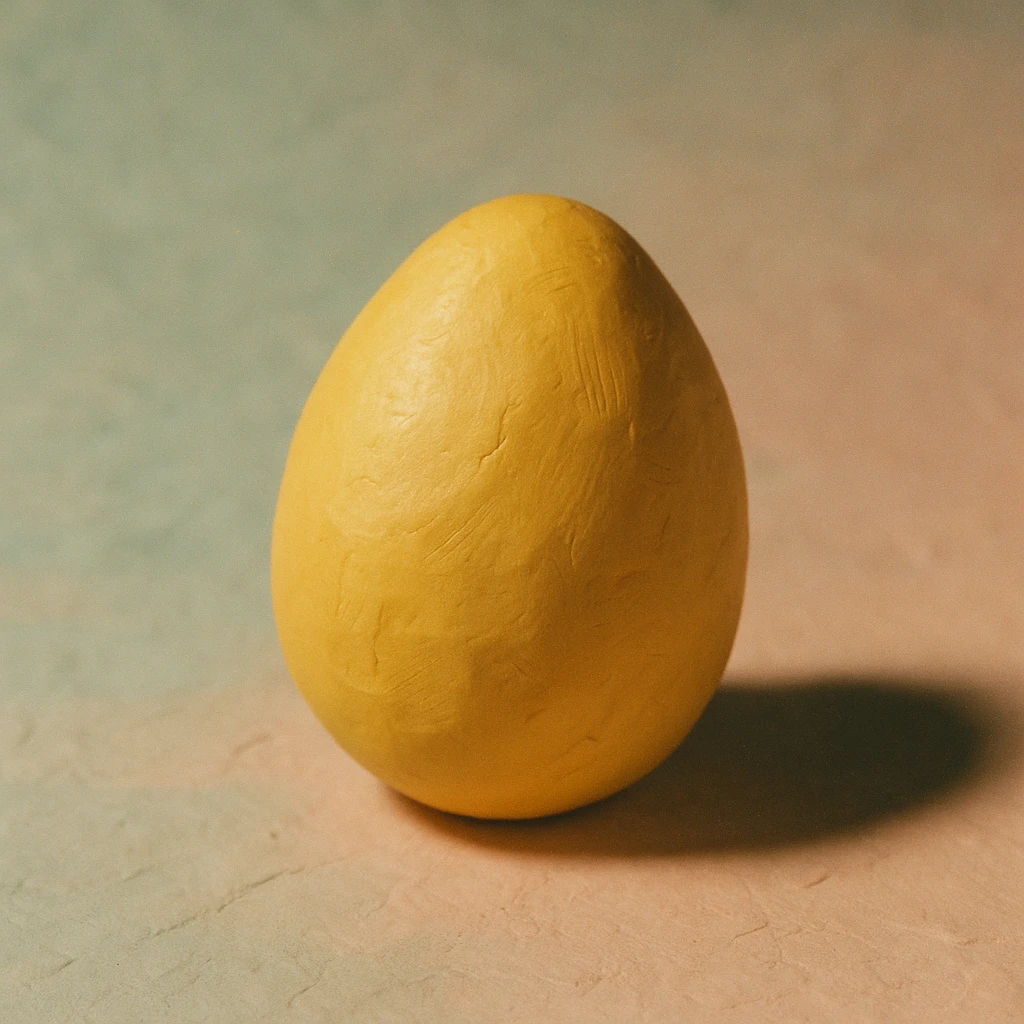 A golden egg in claymation style with a matte, plasticine texture, visible fingerprints, and pastel colors. emoji