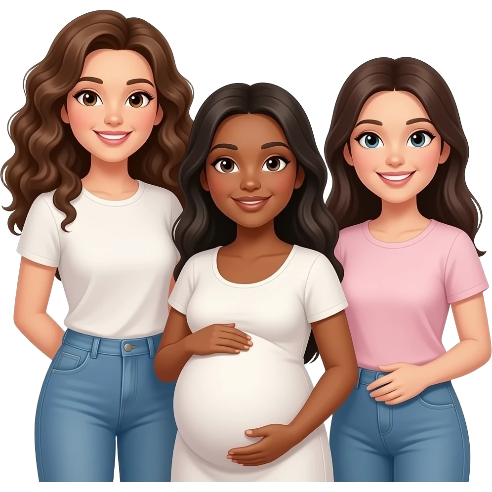 3 white friends 1 tall with long curly hair, 1 brunette pregnant,  1 brunette emoji