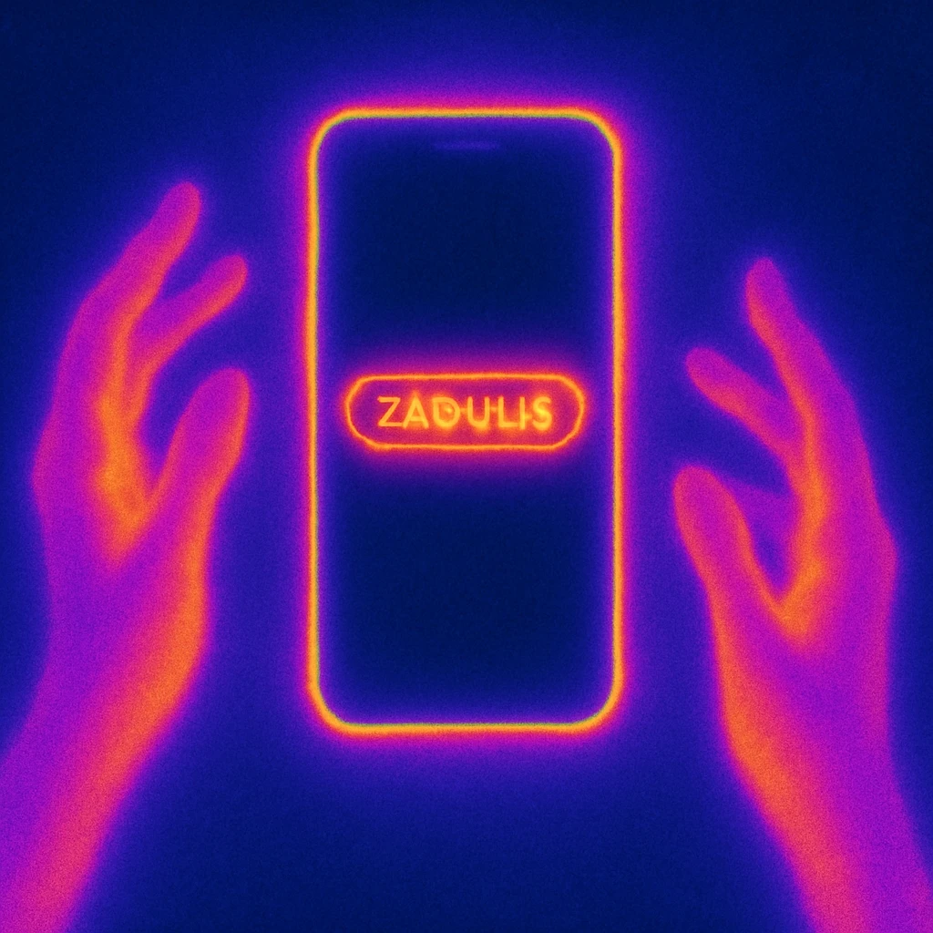 Can you please render an image of a digital artwork with a dreamy, cosmic aesthetic. It shows two beautiful feminine stylized hands left and right (in purples and pinks) seemingly holding or manipulating a floating phone with a dark screen and with its borders glowing and has a glowing small horizontal button on the screen with text “ZADULIS” and that radiates warm colors—yellow, orange, and magenta. Make the image 3D and look more like an artistic glassmorphism type. Make the image look HD and quality  emoji