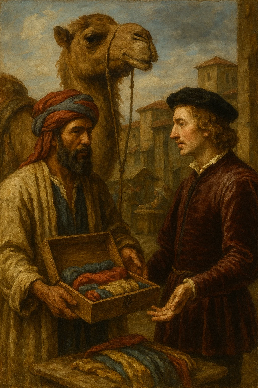 Сгенерируй в стиле реалистичной живописи как в средневековья человек с верблюдом предлагает европейцу товары emoji