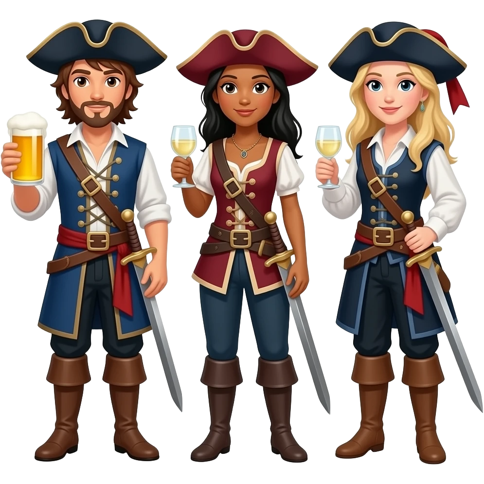 Three musketeers with swords and hats. One guy with brown hair and brown eyes, one girl with black hair and tanned skin and one girl with blond hair. You have to see them in full, the guy is drinking beer and the girls white wine. emoji