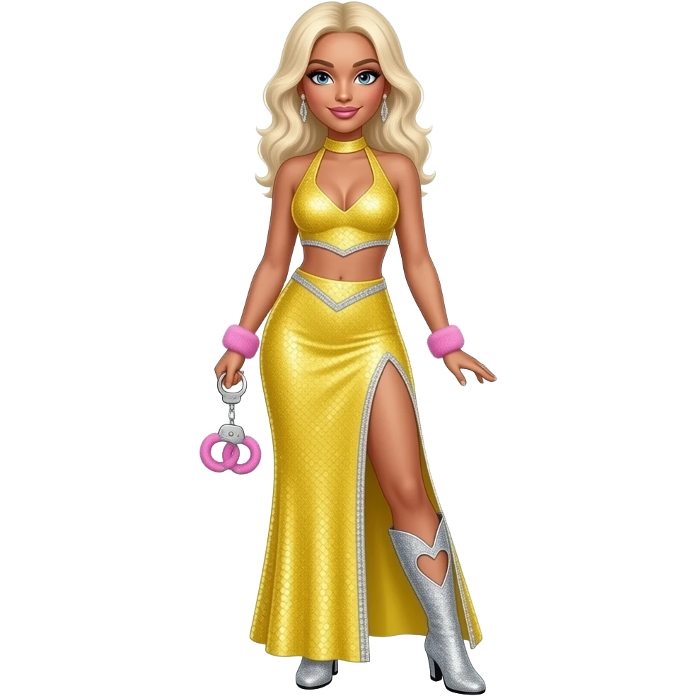 Sabrina Carpenter platinum blonde hair wears a vibrant yellow sequined two-piece set featuring a halter-style crop top with a pointed hem and a matching floor length skirt . edged in silver glitter trim. Silvery glittery rhinestone boots with heart cut out at side. Holding pink furry handcuffs emoji