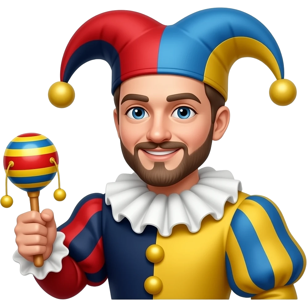 red navy blue yellow court jester rattle emoji