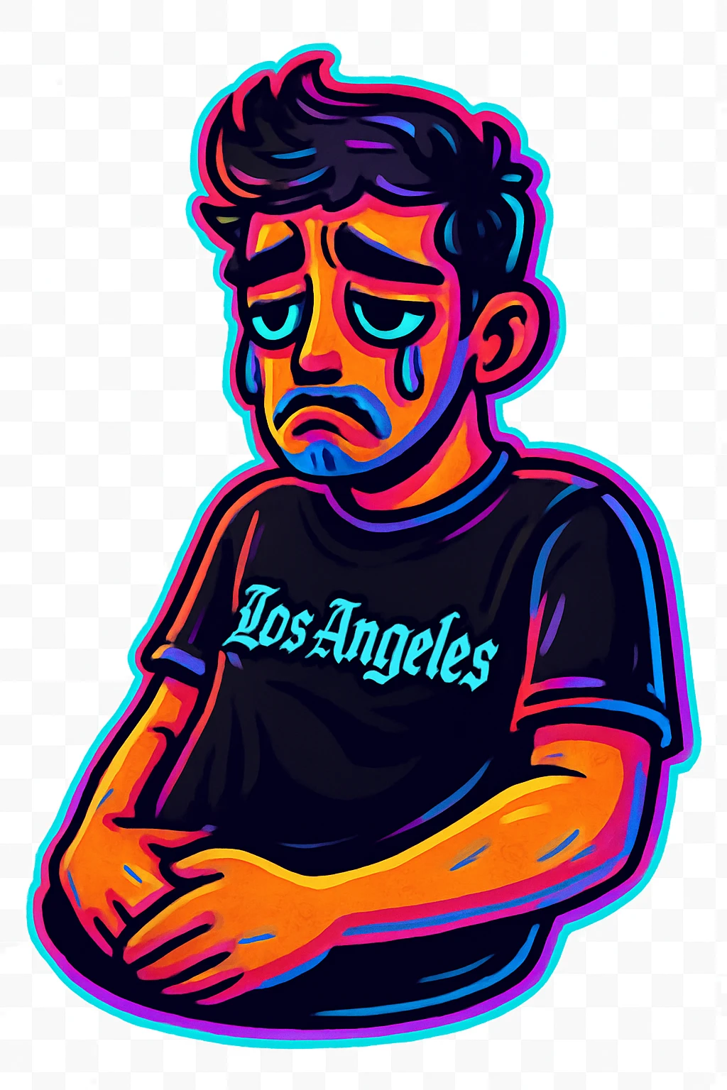 Convert the photo to a cartoon sticker in the style of Flux Pro with a sad expression and transparent background. The style should reflect the vibrant and pop colors typical of Flux Pro cartoon stickers. emoji