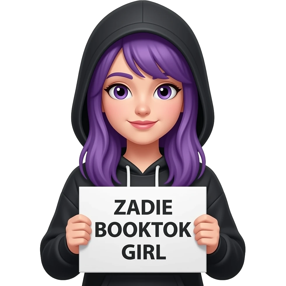 girl with long purple hair wearing a black hoodie with the hood atop her headholding a ZADIE BOOKTOK GIRLsign emoji