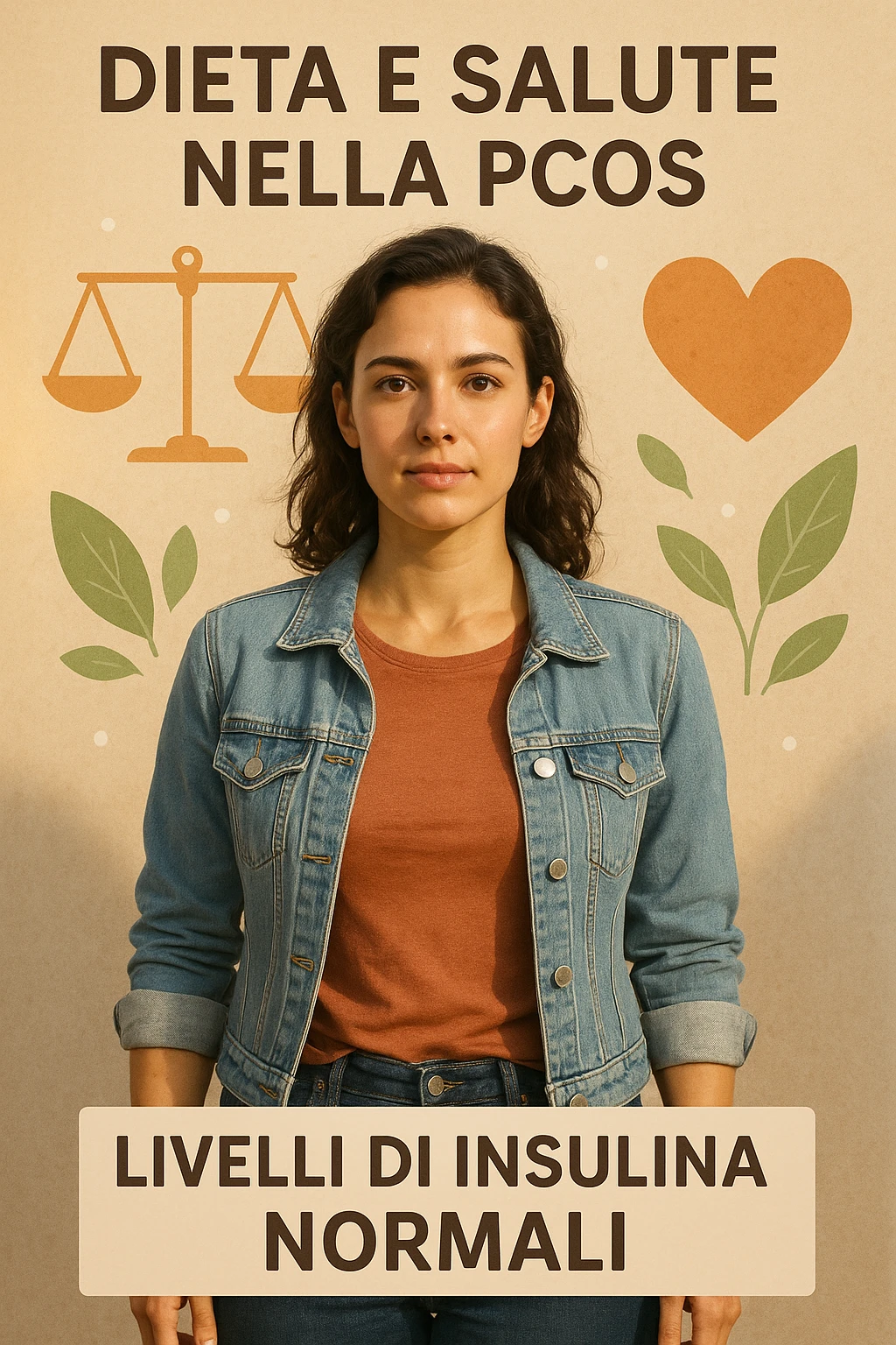 vertical realistic image of a healthy woman with normal insulin levels, targeted diet for PCOS, symbols of balance and well-being, warm lighting, Italian captions, aspect ratio 2:3 emoji