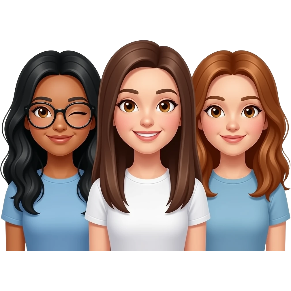 3 girls, first girl: black long wavy hair, tan, brown eyes, round black glasses, winking , second girl: brown long straight hair, hazel eyes, white skin, happy expression, third girl: hazel eyes, brown-ginger mid length hair, smirking emoji
