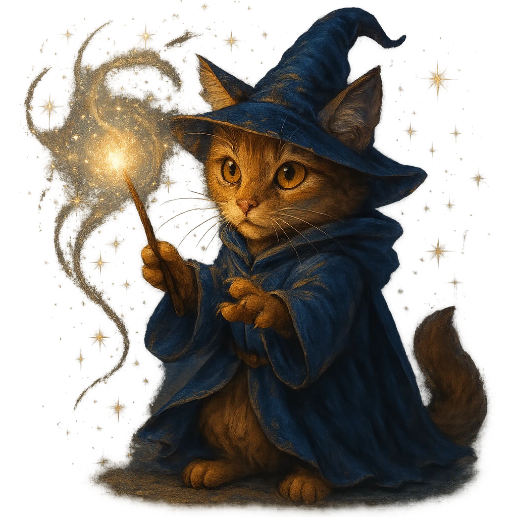 wizard cat casting a spell with sparkles around, magical fantasy style emoji