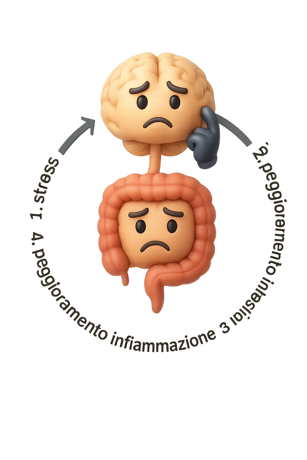 EMOJI STILE IPHONE 3D DI un cerchio con queste scritte che girano intorno in ordine per come li ho scritti "1. stress → 2. peggioramento intestinale → 3. aumento infiammazione → 4. peggioramento sintomi intestinali e sistemici." al centro del cerchio metti un cervello e intestino umani collegati verticalmente con espressione dubbiosa in volto, FALLO MOLTO REALISTICO IN 3D emoji