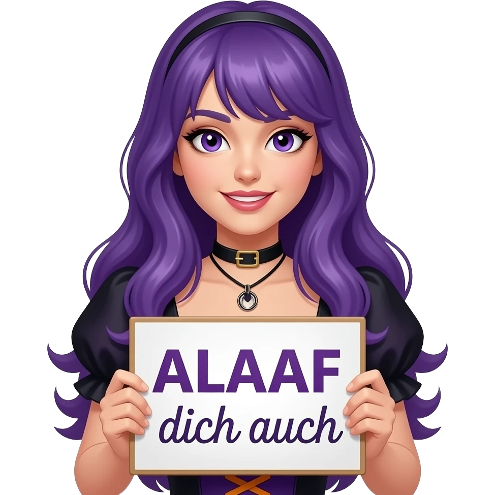 sexy girl with long purple hair and purple eyes wearing a halloween dress holding a ALAAF dich auch sign emoji