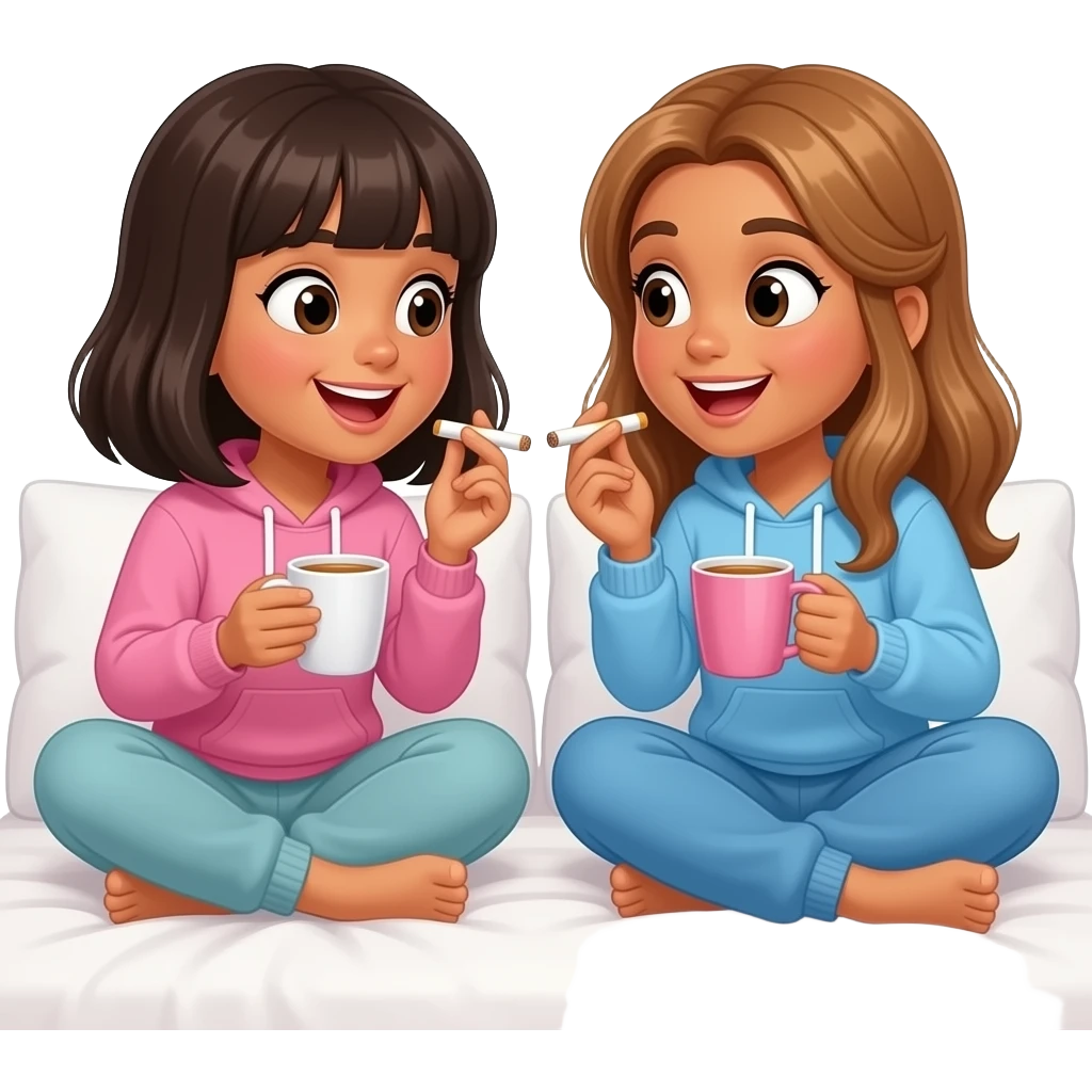 A black girl with bangs and shoulder length hair and a Hispanic girl with long light brown hair gossiping while smoking blunts and drinking tea out of tea cups and wearing sweats laying on a bed. We both have surprised smiling look on our face emoji